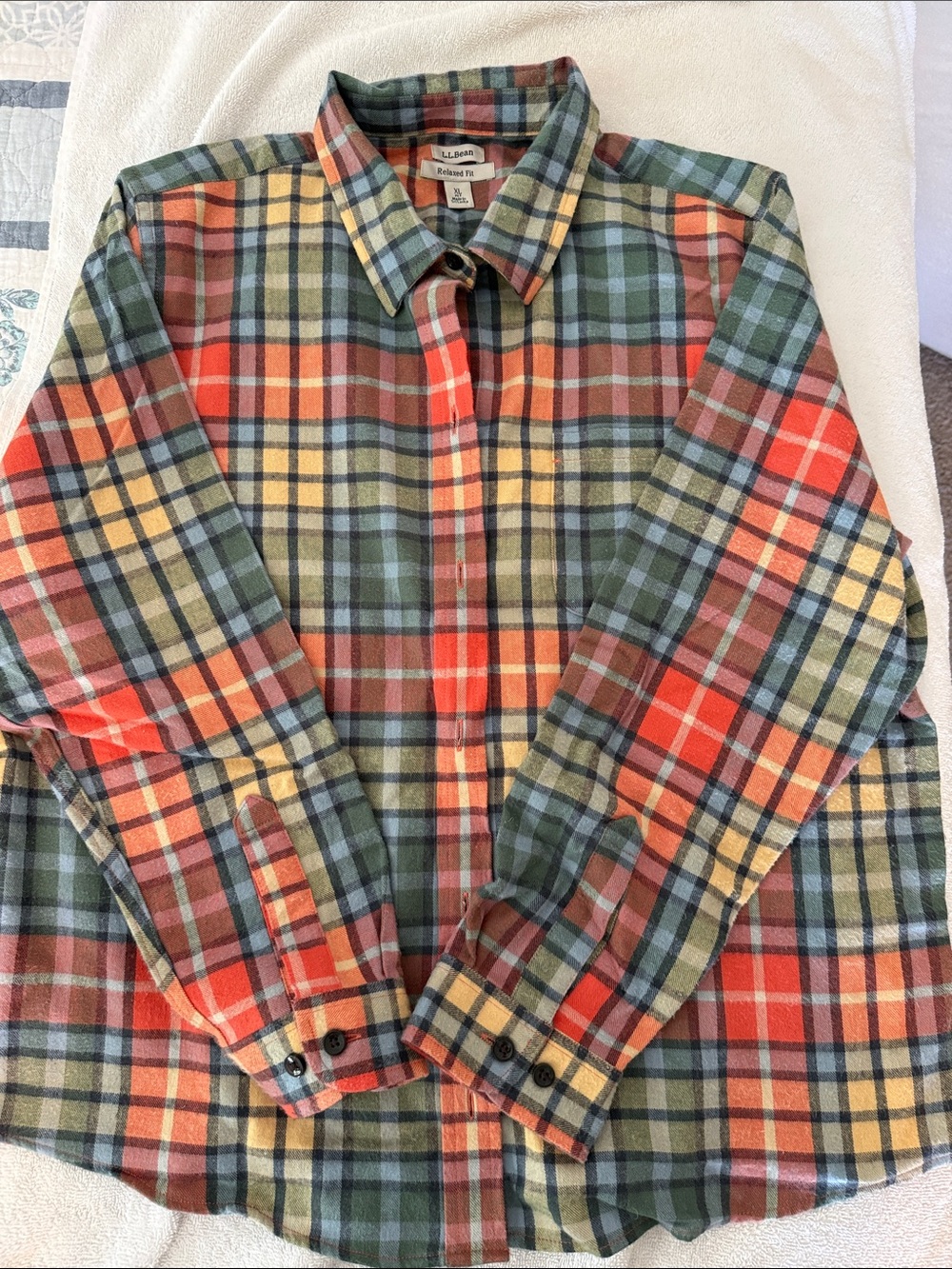 L.L. Bean Plaid Button-Down Shirt - Green, Red, Yellow